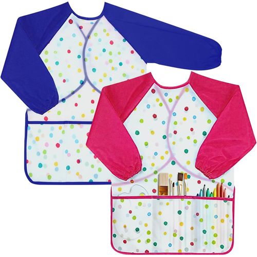 KALANKA-Tablier enfant, 2 PCS Blouse peinture enfant imperméable, 2-8 ans Tablier peinture enfant, Tablier enfant à manches longues avec 3 poches, pour la peinture, l'artisanat et la cuisine(Rose&Ble