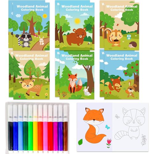 KALANKA-12 pcs mini livres de coloriage animaux de la forêt en vrac avec stylos petits livres d'activités fox bear deer giraffe party favors birthday supplies
