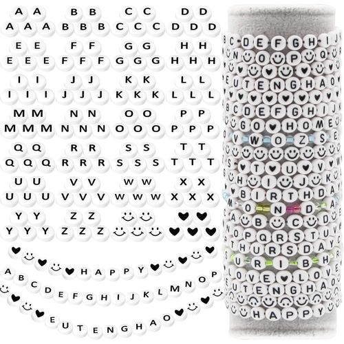 Kalanka-Kit De Perles Lettres 28 Styles Alphabet Perles Visage Smiley Perles Coeur Pour Bracelets Collier Amitié Bijoux (Perles Blanches Lettre Noire)