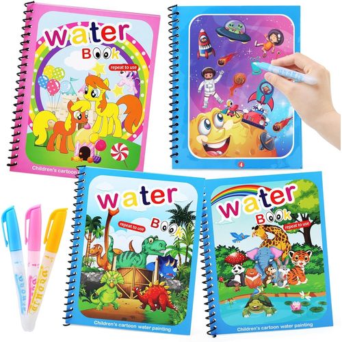 KALANKA-4 Pièces Livre de Dessin Magique de l'eau, Livre de Coloriage Magique à Leau pour Enfants, Livre de Peinture à l'eau Réutilisable, Jouets Peinture pour Tout-Petits Garçons Filles Présents