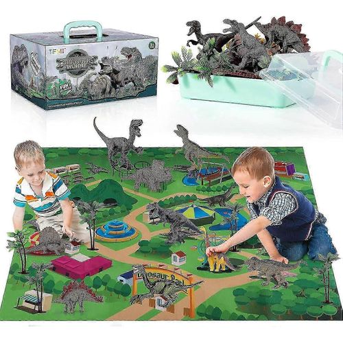 Figurine de dinosaure avec tapis d'activités et arbres, ensemble de jeu éducatif et réaliste pour créer un monde de dinosaures comprenant T-Rex, Triceratops et Velocira