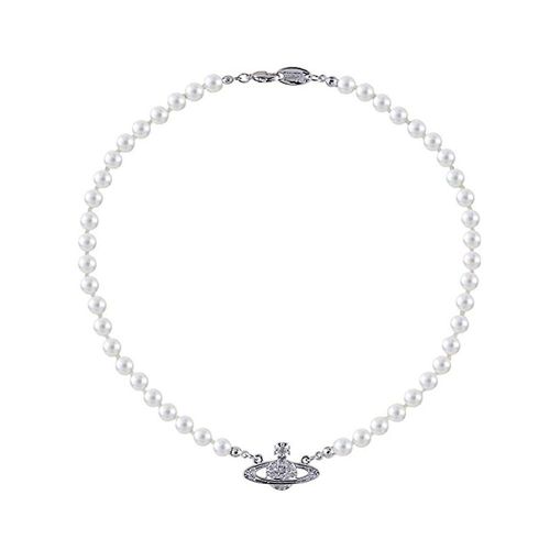 Collier Pendentif Saturne En Strass Pour Femmes, Imitation De Perles, Ras Du Cou, Chaîne De Clavicule, Cadeau D'anniversaire, Argent