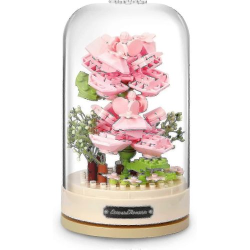 Blocs De Construction De Bouquet De Fleurs À Faire Soi-Même, Jouets De Construction Avec Boîte À Musique Pour Adolescents Et Adultes Avec Dôme Anti-Poussière Inclus, Romantique-Grey