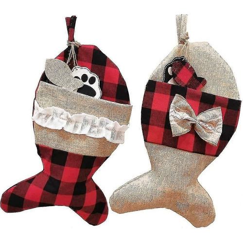 Lot de 4 chaussettes de Noël pour animaux de compagnie, en toile de jute, à carreaux, pour chats et chiens, à suspendre pour cheminée, décoration de Noël