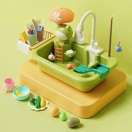 Évier de jeu avec eau courante, jouet de jeu de rôle pour lave-vaisselle pour enfants - Vert-chat gris