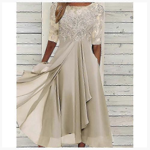 Robe Mi-Longue À Manches Courtes Et Appliques En Dentelle, Tenue De Soirée Décontractée Et Polyvalente Pour Mariage