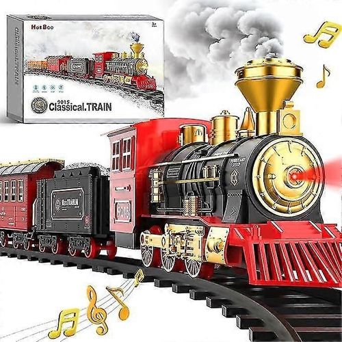 Coffret de train - Train jouet pour garçons et filles avec fumée, lumières et sons, rails, train jouet avec locomotive à vapeur, voitures et rails, Noël T-le père Noël