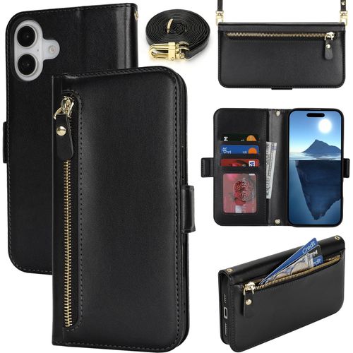 Kal-Coque En Cuir Premium Pour Iphone 16 - Étui Portefeuille Avec Sangle Réglable, Porte-Cartes, Protection Complète Et Design Élégant - Noir