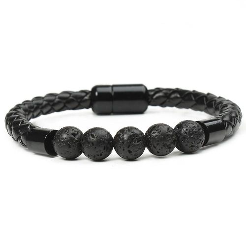 Bracelet Homme Pierres Précieuses Noir Fermeture Magnétique Lave/Oeil De Tigre Bracelet Tressé En Faux Cuir Bracelet Cadeau Lave