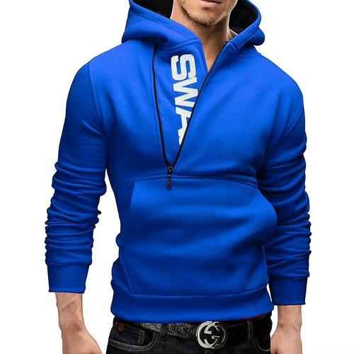 Pull à capuche à manches longues pour hommes, jogging, sweat-shirt à fermeture éclair 1/2 avec poche, 3XL, bleu