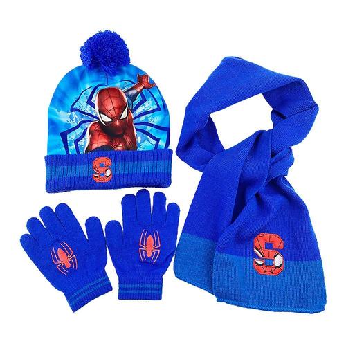 Enfants garçons 3 pièces/ensemble Spiderman hiver chaud chapeau écharpe gants ensemble enfant bonnet chapeau bleu