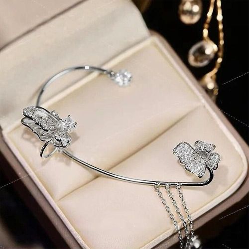 Strass Zircon Papillon Gland Oreille Manchette Clip Soirée Non Piercing Wrap Femmes Bijoux Boucle D'oreille Cadeau Argent - Gauche