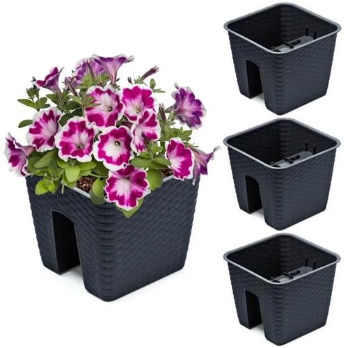 3x Jardinière 27,2 Cm X 27,2 Cm Rotin Anthracite 8,5 L Balustrade Garde-Corps