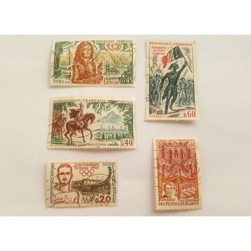 Lot 5 Timbres Oblitérés - Yt 1265, 1495, 1575, 1656, 1730 - Entre 1960 Et 1972 - Hommes Historiques: Vercingétorix, Louis Xiv, Napoléon Bonaparte (Au Pont D'arcole), Jean Bouin, Léon Bailby