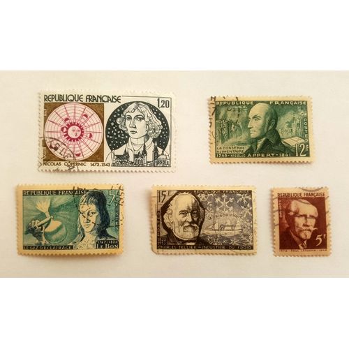 Lot 5 Timbres Oblitérés - Yt 820, 1012, 1014, 1056, 1818 - De 1948 À 1974 - Scientifiques: Langevin, Le Bon (Eclairage), Charles Tellier (Industrie Du Froid), Copernic, Appert (Conserve Alimentaire)