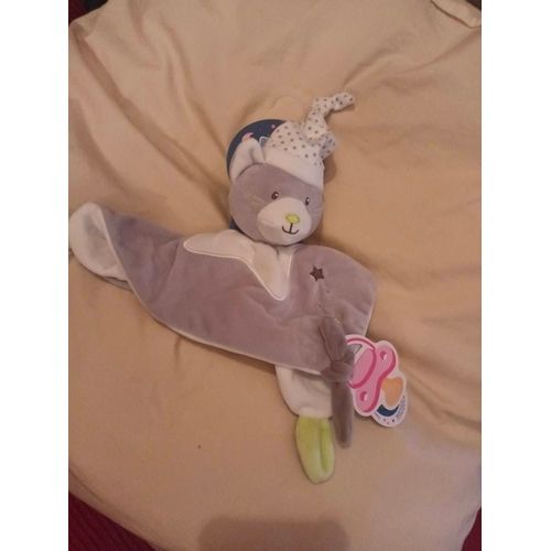 Doudou Magidoux Sucre D'orge Plat Carre Ours Bonnet Etoile Luminescent Gris Blanc Attache Sucette Tetine