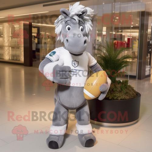 Mascotte Redbrokoly De Personnage De Jument Grise Habillée D'un Maillot De Rugby Et De Pochettes