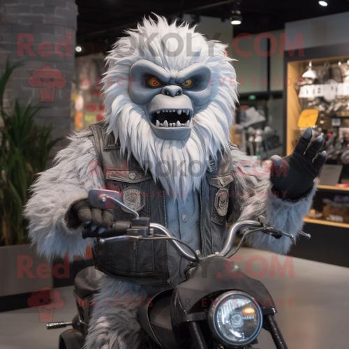 Mascotte Redbrokoly De Personnage De Yéti Gris Habillé D'une Veste De Motard Et D'épingles À Cravate