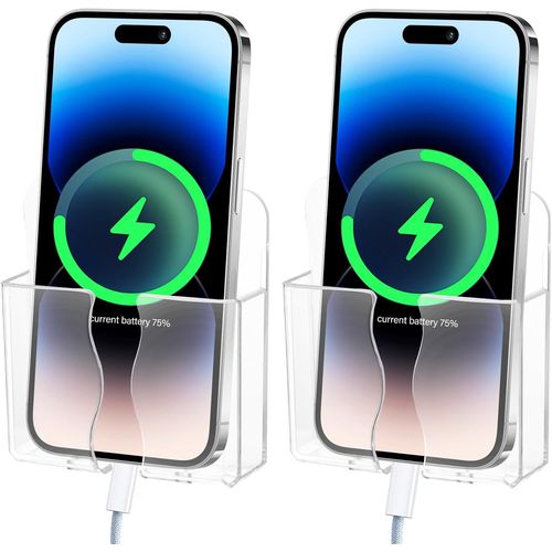 KALANKA-Lot de 2 supports muraux pour téléphone portable avec colle et fente pour câble - Support mural pour chargement (transparent)