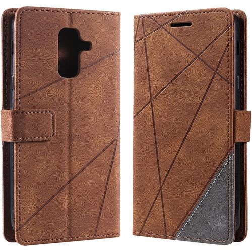 Kalanka-Coque Pour Samsung Galaxy A6 Plus 2018, Rabat Portefeuille De Protection Cuir Pu Etui, Slim Silicone Tpu Bumper Magnétique Housse, Flip Porte Cartes Avec Fonction Support Cover Case (Brun)