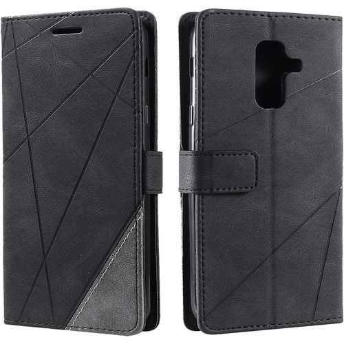 Kalanka-Coque Pour Samsung Galaxy A6 Plus 2018, Rabat Portefeuille De Protection Cuir Pu Etui, Slim Silicone Tpu Bumper Magnétique Housse, Flip Porte Cartes Avec Fonction Support Cover Case (Le Noir)