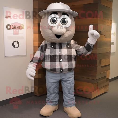 Personnage De Costume De Mascotte Redbrokoly De Poivre Gris Habillé D'une Chemise En Flanelle Et D'anneaux