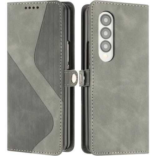 Kal-Coque Pour Samsung Galaxy Z Fold 3 - Housse En Cuir Portefeuille Avec Magnétique Flip Étui À Rabat Case (Gris)