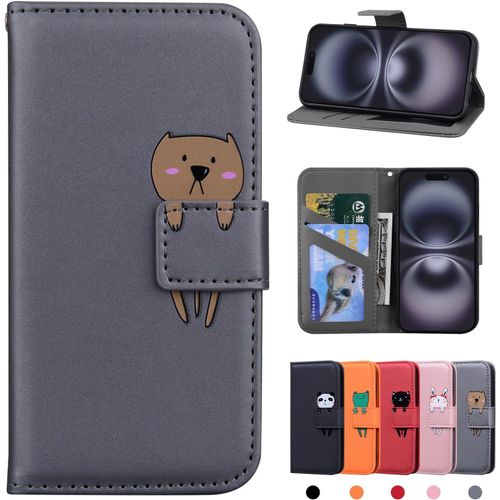 Kal-Coque Compatible Pour Iphone 16 Housse En Cuir Etui Portefeuille Compatible Pour Iphone 16 Coque De Protection Pour Compatible Pour Iphone 16 Ours Gris