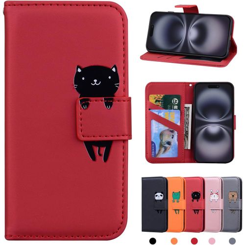 Kal-Coque Compatible Pour Iphone 16 Housse En Cuir Etui Portefeuille Compatible Pour Iphone 16 Coque De Protection Pour Compatible Pour Iphone 16 Chat Rouge