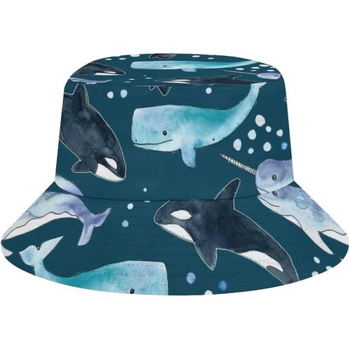 Chapeau Seau De Plage Pour Adultes, Baleines, Orques, Narvals Sur La Marine, Casquette De Pêcheur De Pêche, Chapeaux De Soleil Imprimés De Voyage Pliables