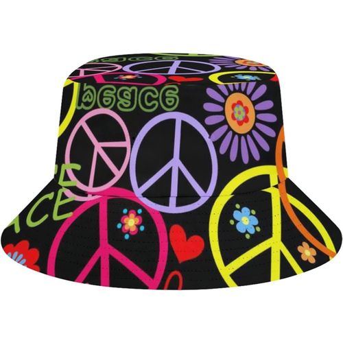 Papier Peint Hippie Avec Symbole De Paix, Chapeau De Plage Pour Adultes, Casquette De Pêcheur, Impression De Voyage