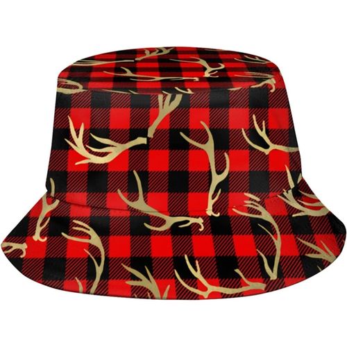 Chapeaux Seau À Carreaux De Buffle Rouge Et Noir Et Bois De Cerf Doré, Casquette De Soleil Tendance, Chapeau De Pêcheur D'extérieur Pliable Pour Femmes Et Hommes