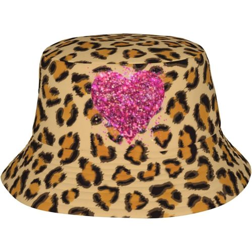 Chapeaux Seau Imprimés C¿Urs Roses Étincelants Et Léopard, Casquette De Soleil À La Mode, Chapeau De Pêcheur D'extérieur Pliable Pour Femmes Et Hommes