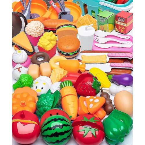 60 pièces de jouets de cuisine pour enfants, fruits et légumes factices avec panier, mini plats en plastique, fruits factices éducatifs