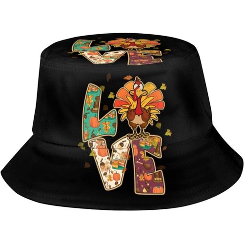 Love Turkey Thanksgiving Happy Fall Y'all Automne Chapeaux De Seau Mode Casquette De Soleil Pliable Chapeau De Pêcheur En Plein Air Pour Femmes Et Hommes Noir