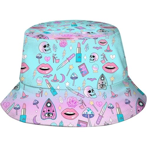Girly Pastel Sorcière Goth Motif Seau Chapeaux Mode Casquette De Soleil Pliable Chapeau De Pêcheur En Plein Air Pour Femmes Et Hommes Noir