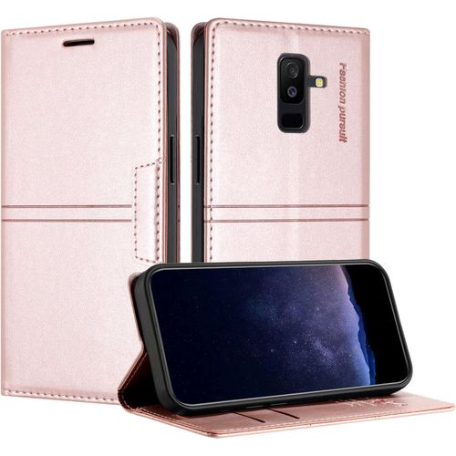 Kal-Coque Pour Samsung Galaxy A6 Plus, Housse En Cuir Pu Portefeuille Etui, Tpu Fonction Support [Fentes Pour Cartes] Anti-Choc Folio Magnetique Compatible Avec Samsung A6 Plus (Rose)