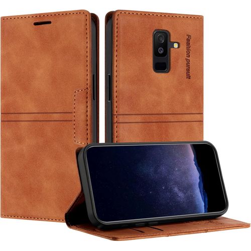Kal-Coque Pour Samsung Galaxy A6 Plus, Housse En Cuir Pu Portefeuille Etui, Tpu Fonction Support [Fentes Pour Cartes] Anti-Choc Folio Magnetique Compatible Avec Samsung A6 Plus (Marron)