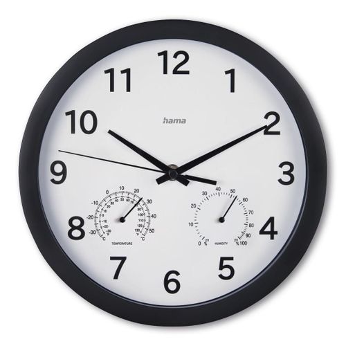 Hama Horloge murale "Malte", Ø 25 cm, av. therm./hygro., sans tic tac, noir