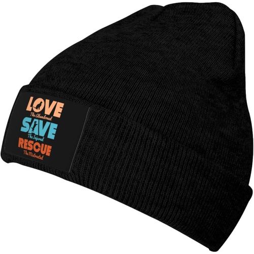 Love Cat Save Dog Animal Rescue Bonnet Tricoté Unisexe Hiver Chaud Tricoté Noir