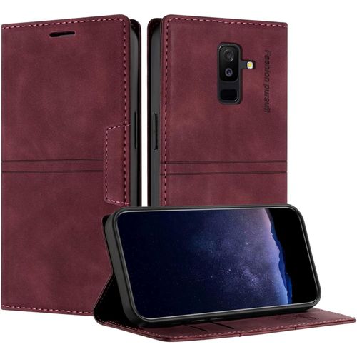 Kal-Coque Pour Samsung Galaxy A6 Plus, Housse En Cuir Pu Portefeuille Etui, Tpu Fonction Support [Fentes Pour Cartes] Anti-Choc Folio Magnetique Compatible Avec Samsung A6 Plus (Rouge Vineux)