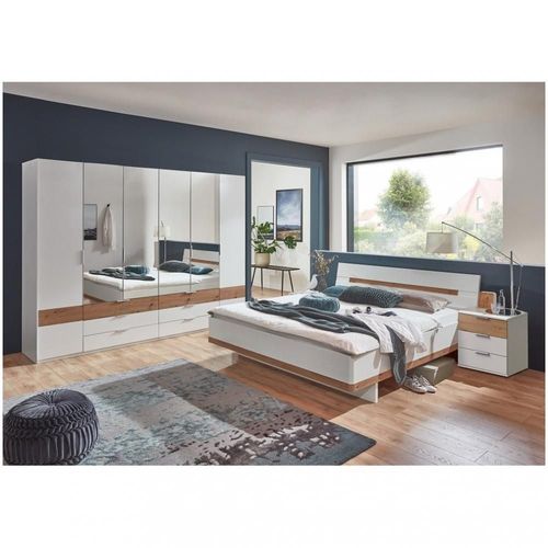 Chambre À Coucher Girbo 1 Lit 160 1 Armoire 4 Miroirs 2 Chevets Coloris Blanc Rechampis Chêne Artisan