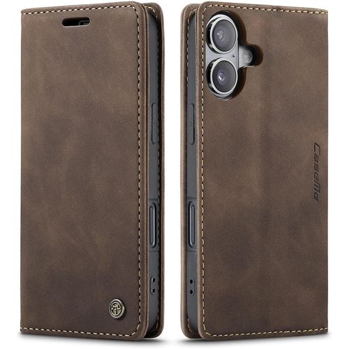 Kal-Coque Pour Iphone 16 Pochette 6.10 Pouces, Etui Protection Housse Premium En Cuir Pu, Etui À Rabat Pochette De Portefeuille Étui Pour Iphone 16 Case, Café