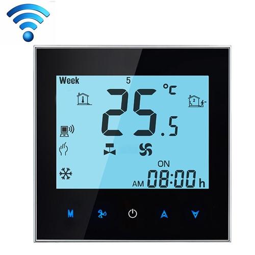 Thermostat d ambiance programmable de 4 tuyaux de climatisation d affichage à cristaux liquides pour l unité de bobine de fan, soutient Wifi (noir)