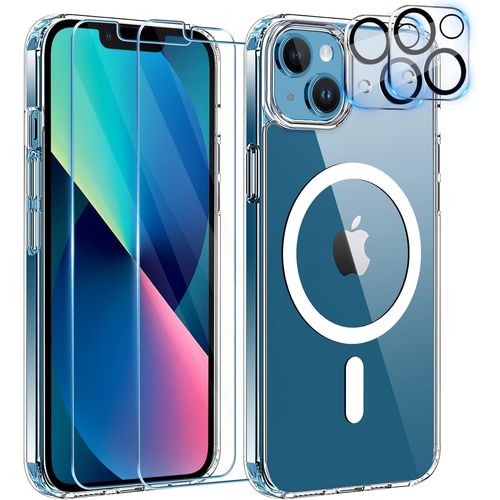 Coque Silicone Transparente Compatible Magsafe + Verres Trempes Et Protections Camera Arriere X2 Pour Iphone 13 Little Boutik®