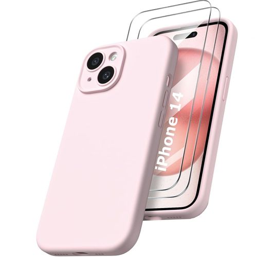 Coque Rose Pour Iphone 14 (6,1") Et 2 Verres Trempé Film Protection Ecran Little Boutik®