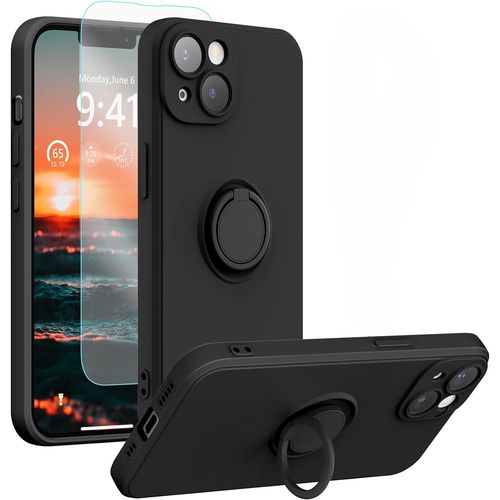 Coque Silicone Pour Iphone 14 Plus Couleur Noir Avec Anneau Support + Verre Trempe Protection Ecran Little Boutik®