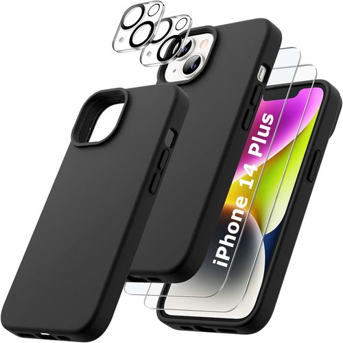 Coque Silicone Noir + Verres Trempes Et Protections Camera Arriere X2 Pour Iphone 14 Plus Little Boutik®