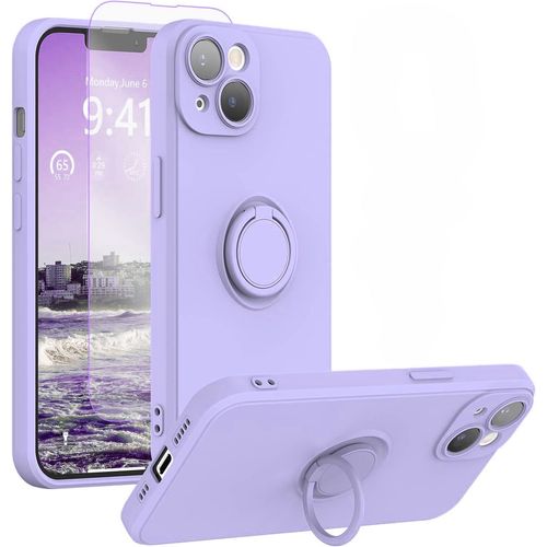 Coque Silicone Pour Iphone 14 Plus Couleur Violet Avec Anneau Support + Verre Trempe Protection Ecran Little Boutik®