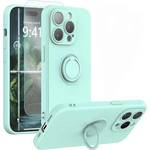 Coque Silicone Pour Iphone 14 Pro Couleur Vert Avec Anneau Support + Verre Trempe Protection Ecran Little Boutik®